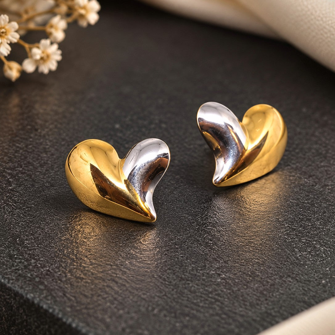 Two Tone Puffed Heart Stud Earrings