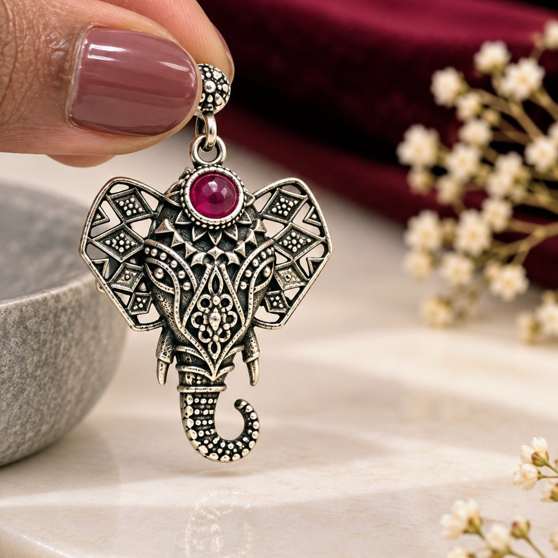 Oxidised Elephant Floral Ring