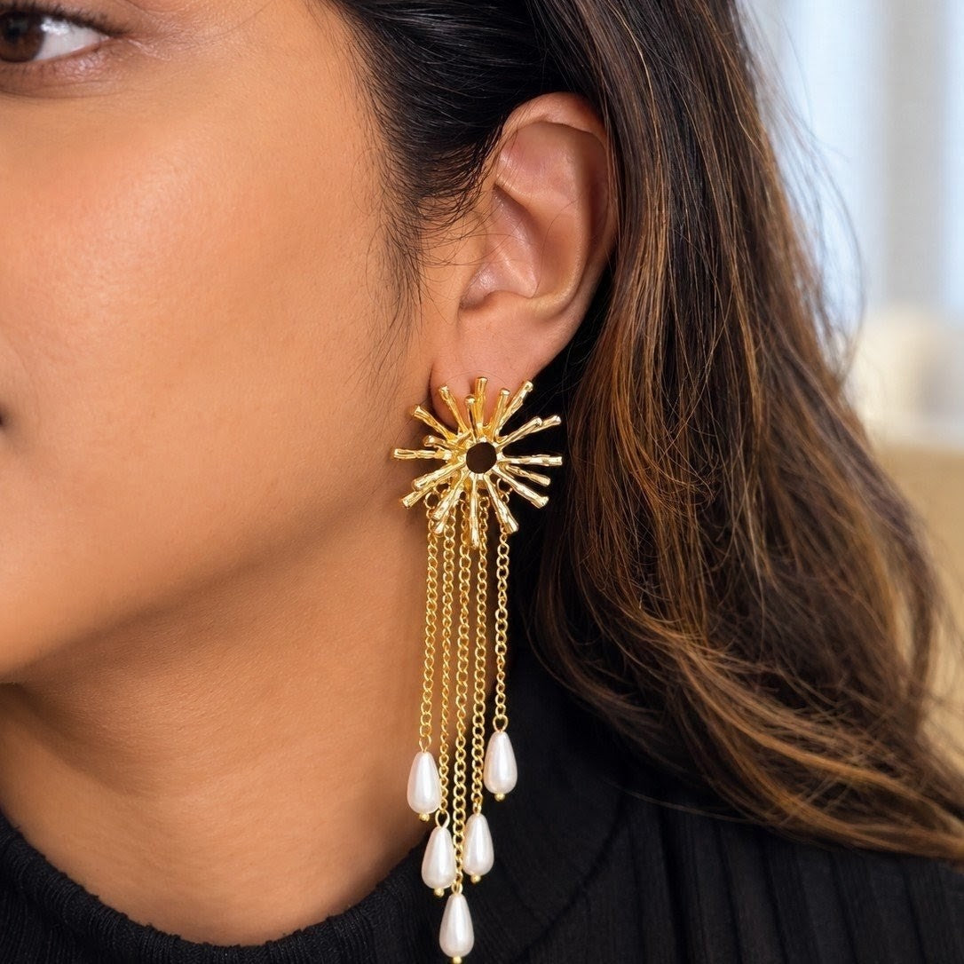 Sunburst Pearl Tassel Earrings