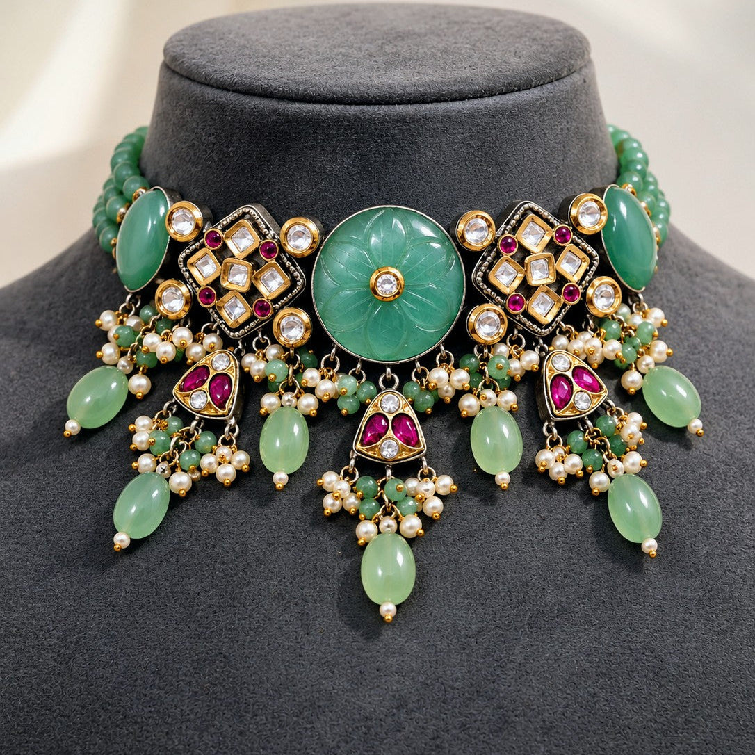 Kundan Floral Pearl Fringe Choker Necklace