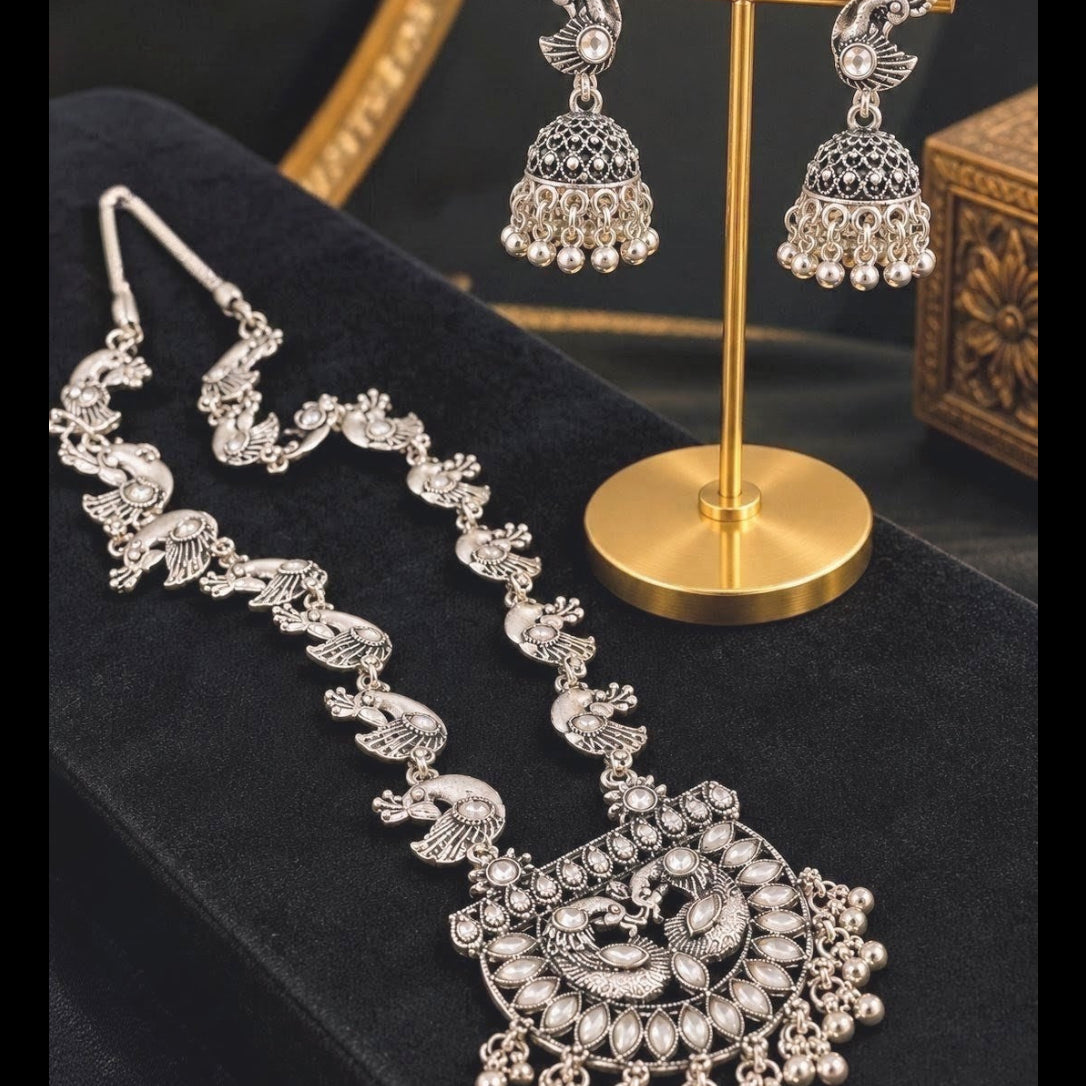 Oxidised Peacock Kundan Long Necklace