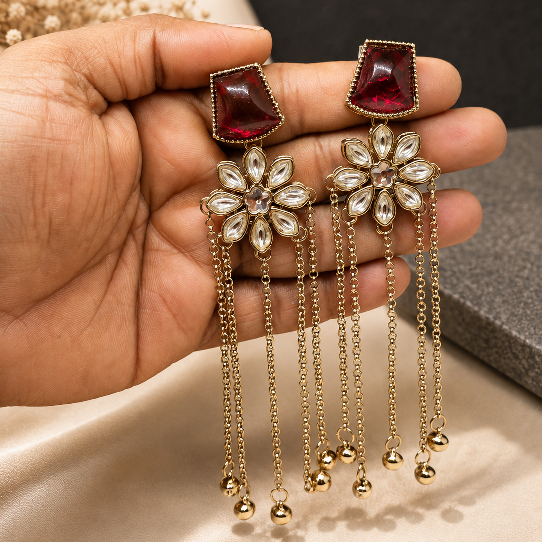 Red Stone Fringe Earrings