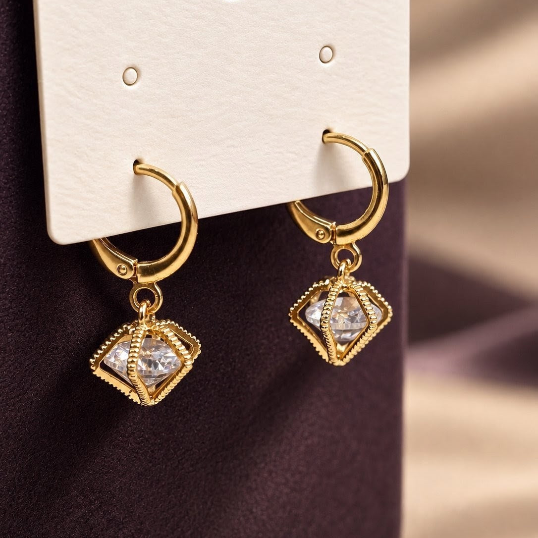 Caged Square CZ Huggies Drop Earrings