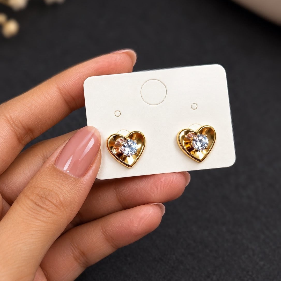 CZ Solitaire Heart Stud Earrings
