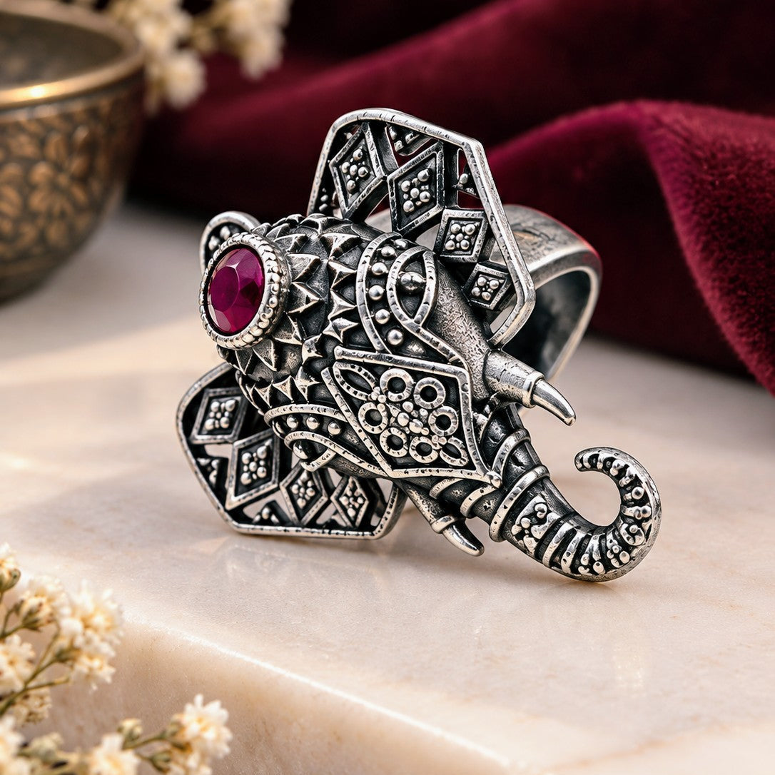 Oxidised Elephant Floral Ring