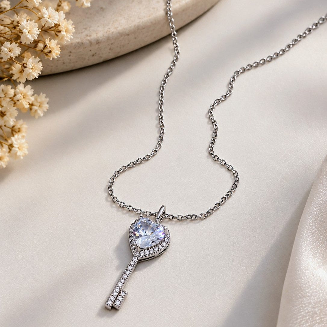 Silver Plated Heart Key Pendant Necklace