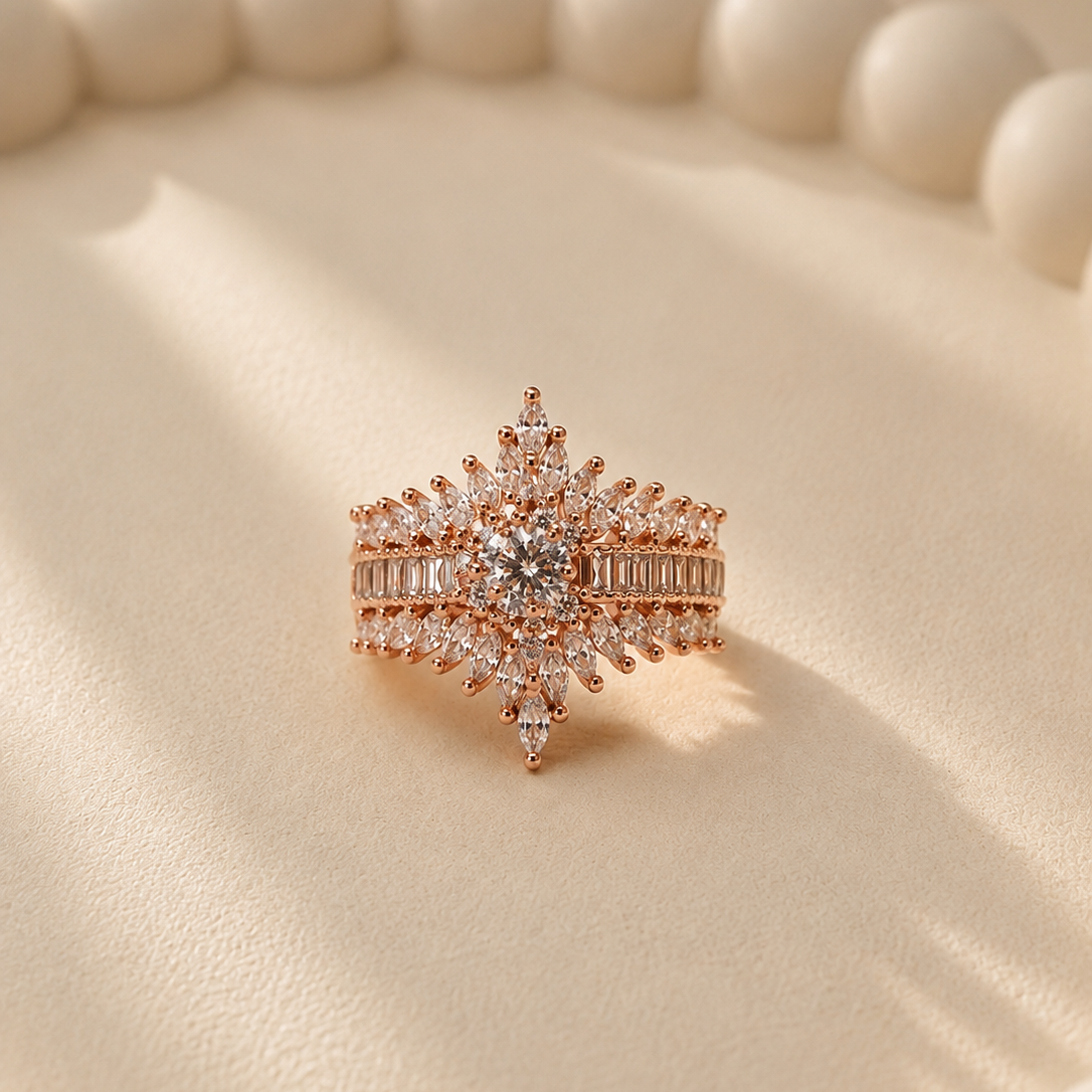 A rose gold ring with a starburst design, featuring a central round diamond and baguette side stones, displayed on a textured cream surface with a blurred pearl necklace in the background.