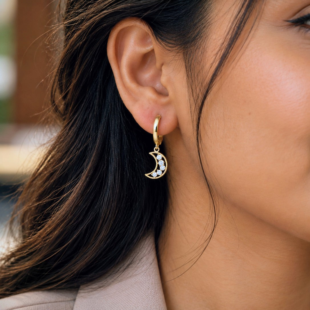 Crescent Moon CZ Huggies Drop Earrings
