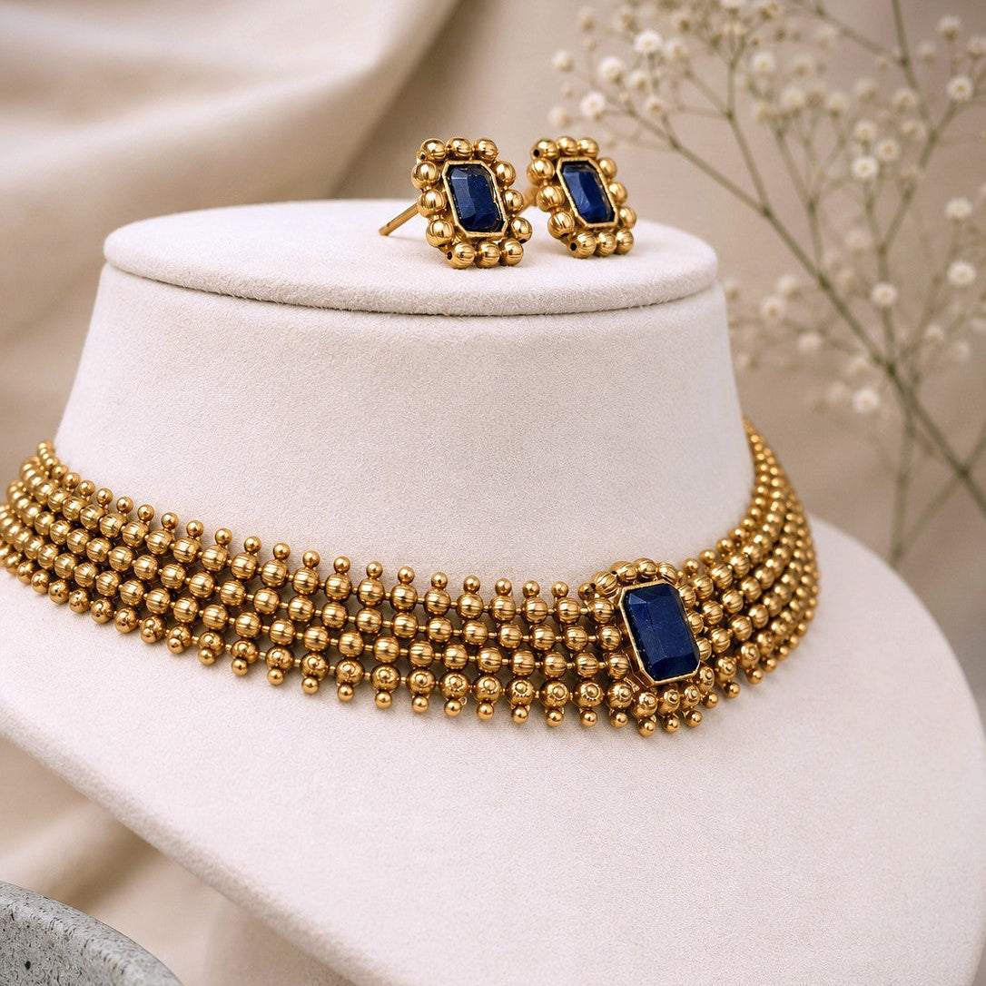 Beaded Blue Stone Necklace Set