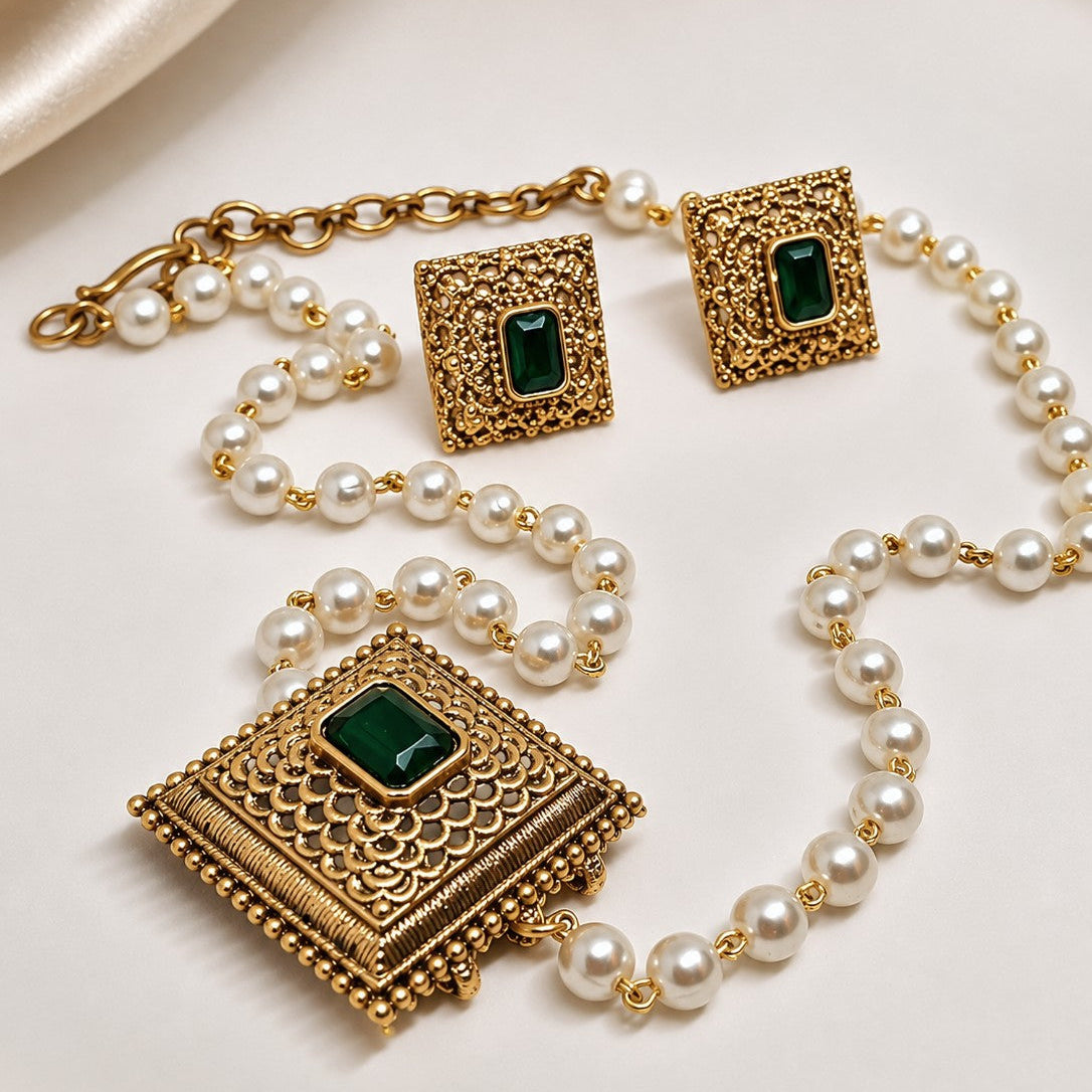 Square Filigree Pearl Necklace Set