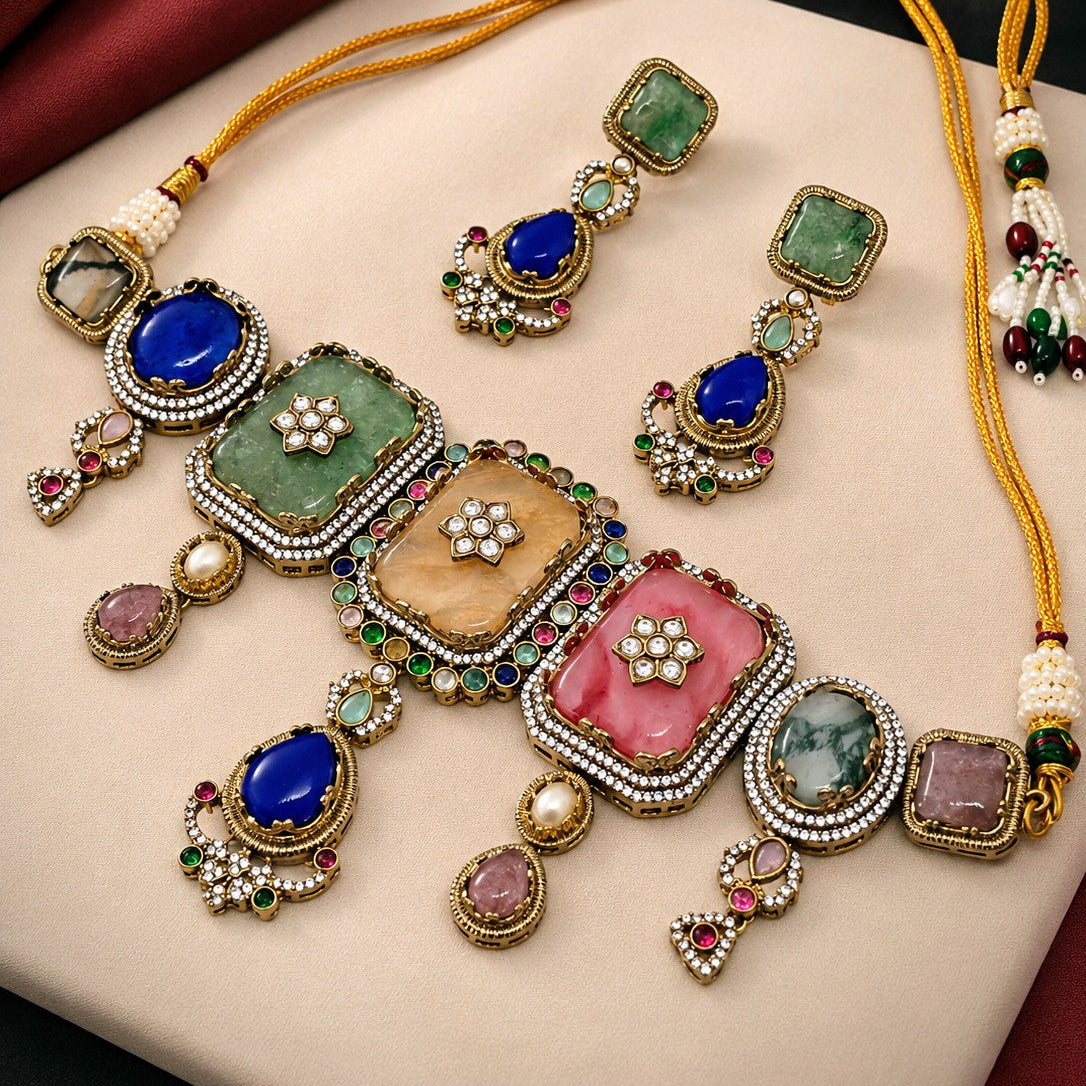 Tri-Gem Floral Fringe Choker Necklace