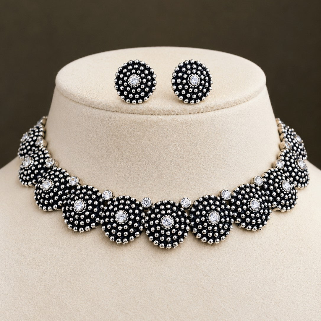 Oxidised Beaded Dome Stone Choker Necklace Set