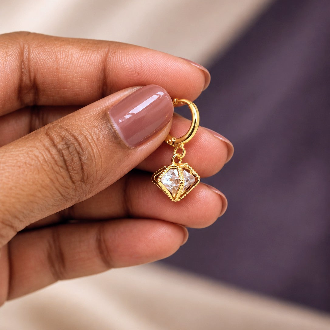 Caged Square CZ Huggies Drop Earrings