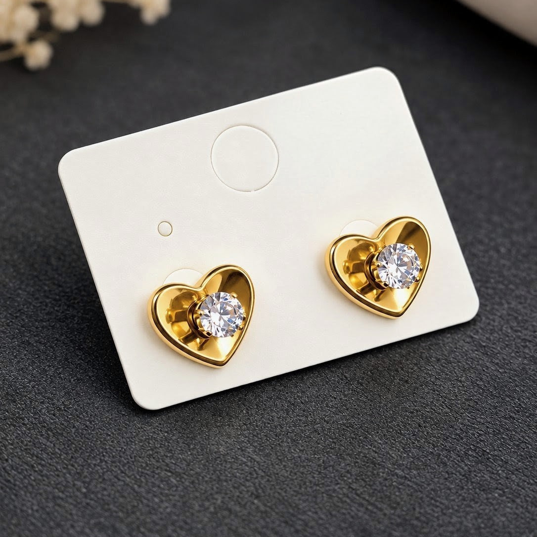 CZ Solitaire Heart Stud Earrings