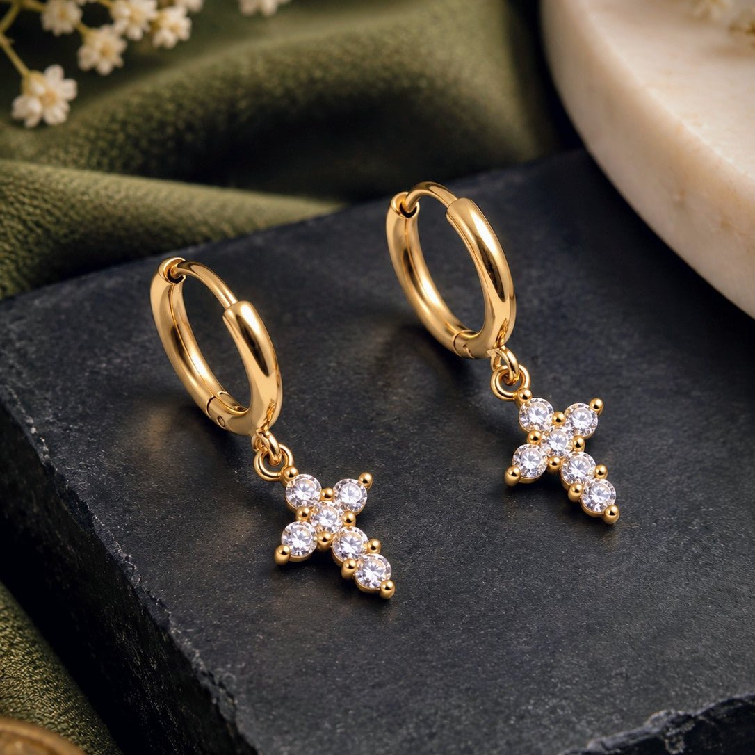 CZ Cross Huggies Earrings