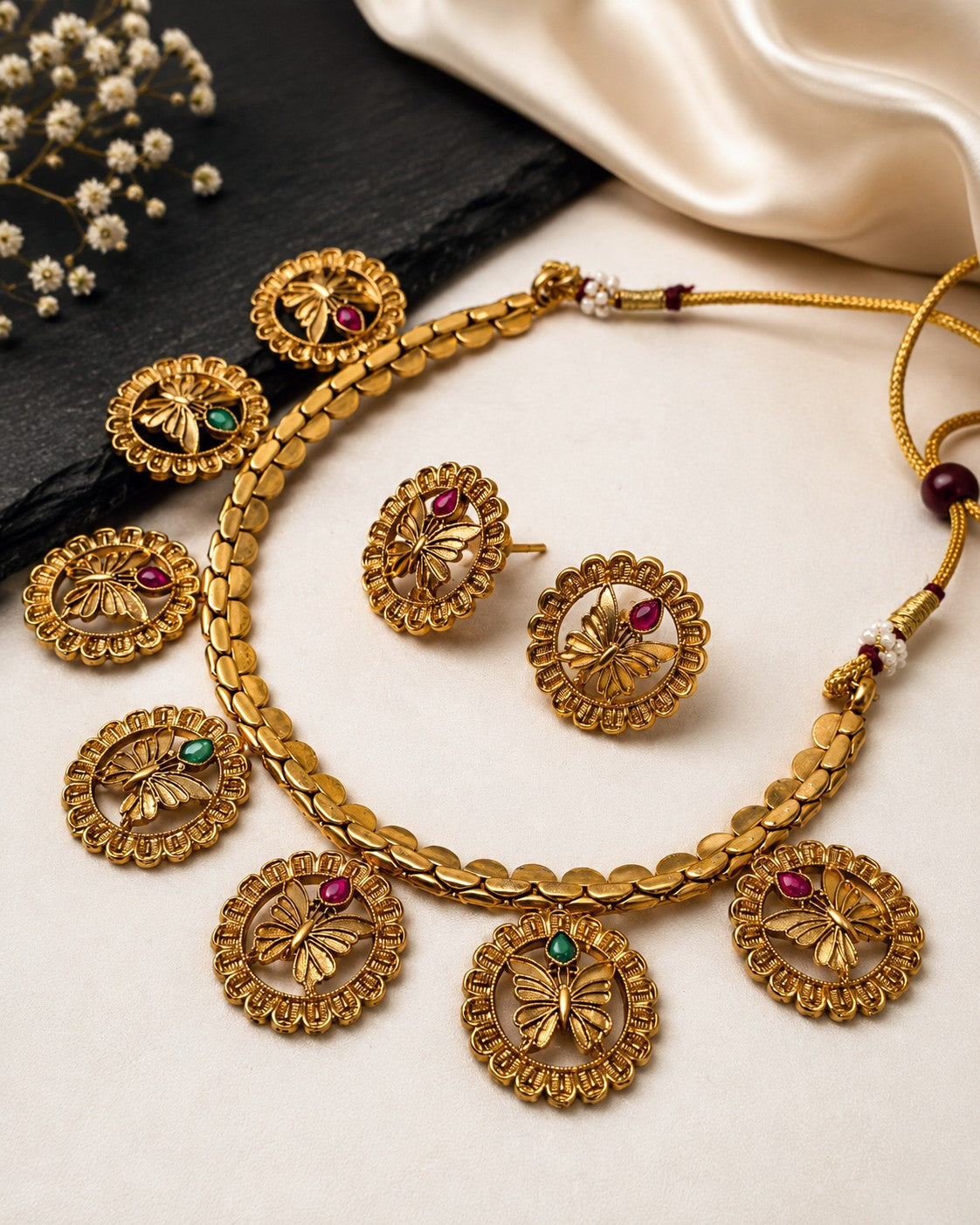 Scalloped Butterfly Medallion Necklace Set