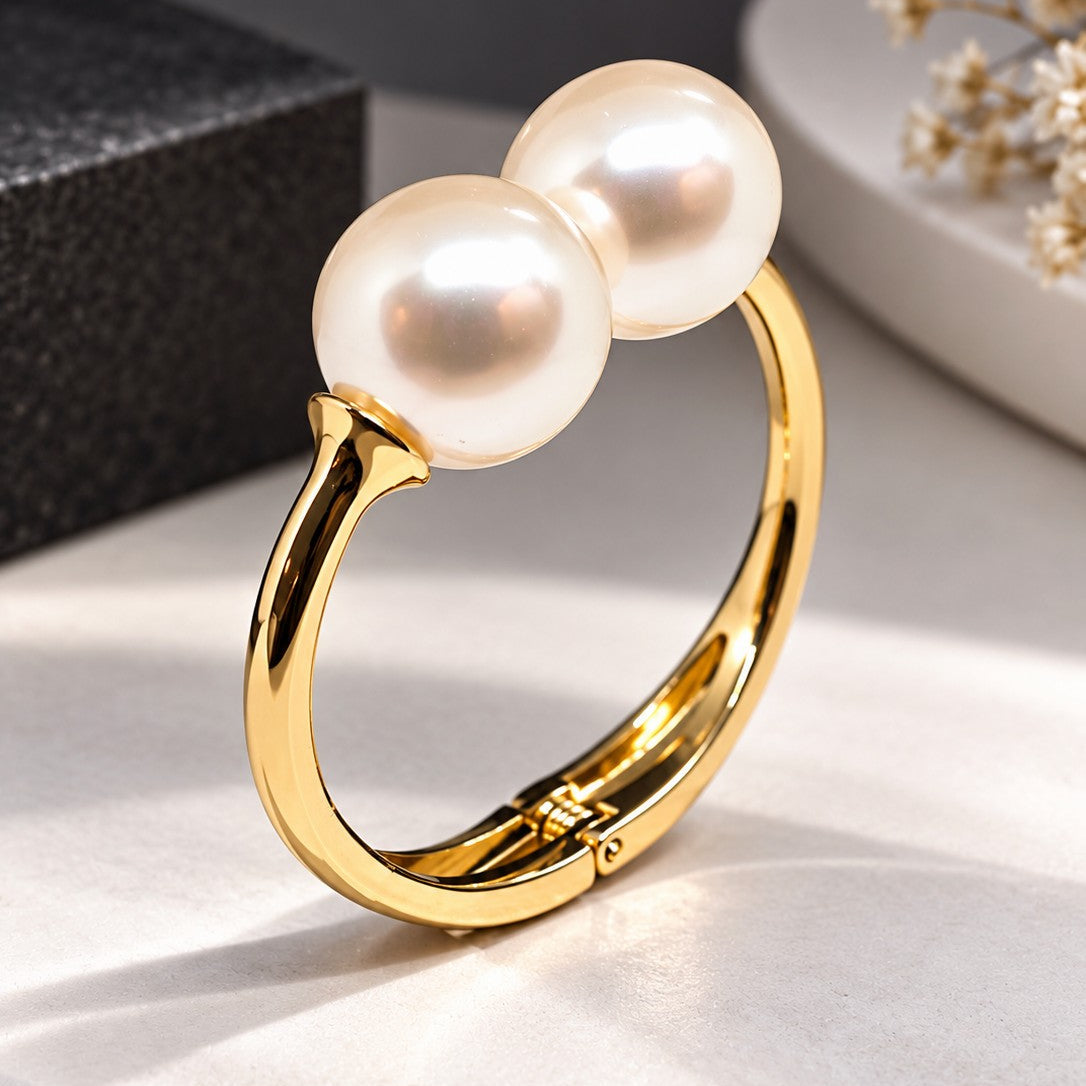 Double Pearl Open Cuff Bangle