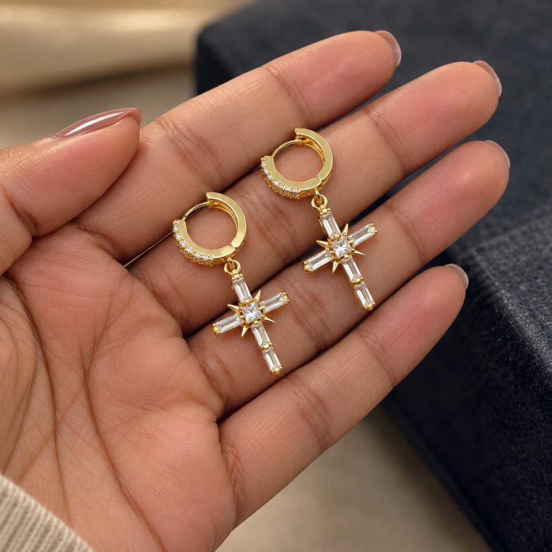 Baguette CZ Cross Huggies Drop Earrings