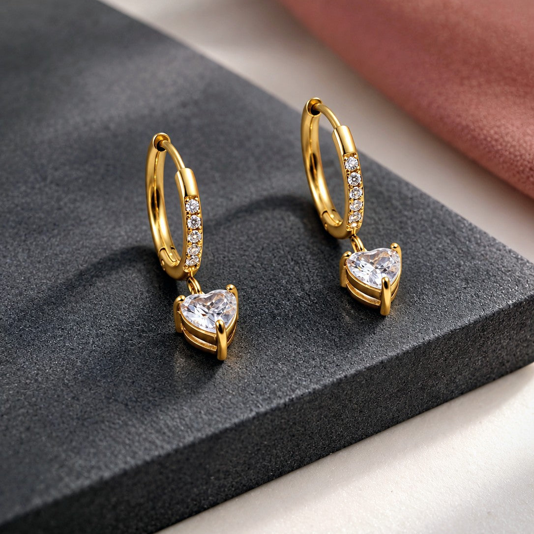 Heart Solitaire Pavé Huggies Drop Earrings
