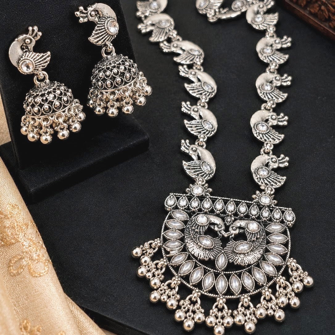 Oxidised Peacock Kundan Long Necklace