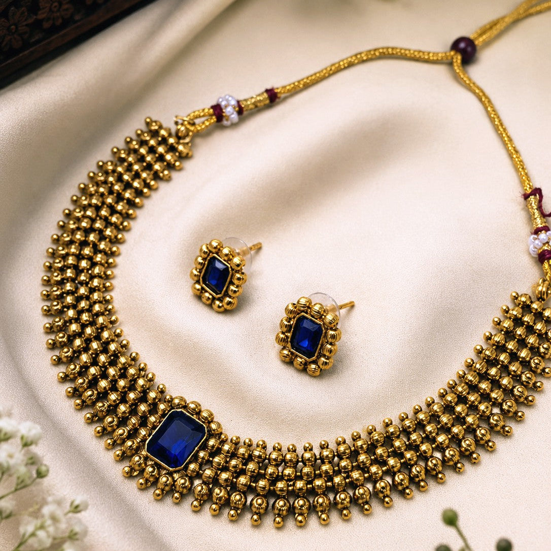 Beaded Blue Stone Necklace Set