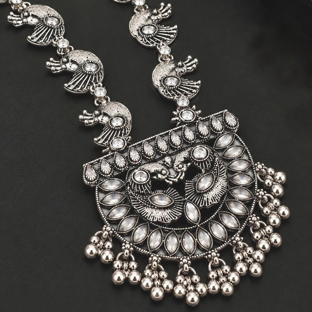 Oxidised Peacock Kundan Long Necklace
