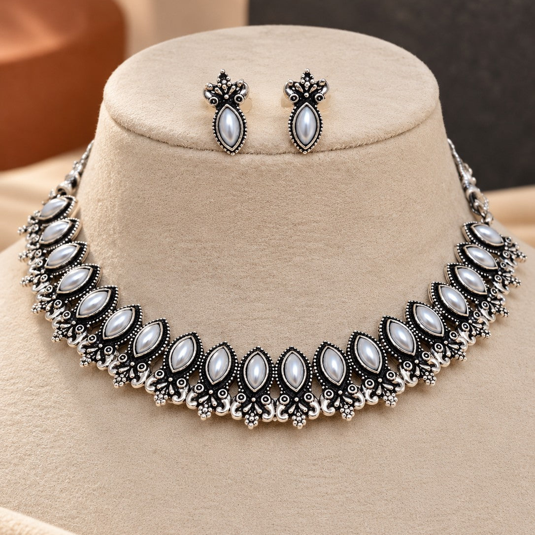 Oxidised Marquise Pearl Choker Necklace Set