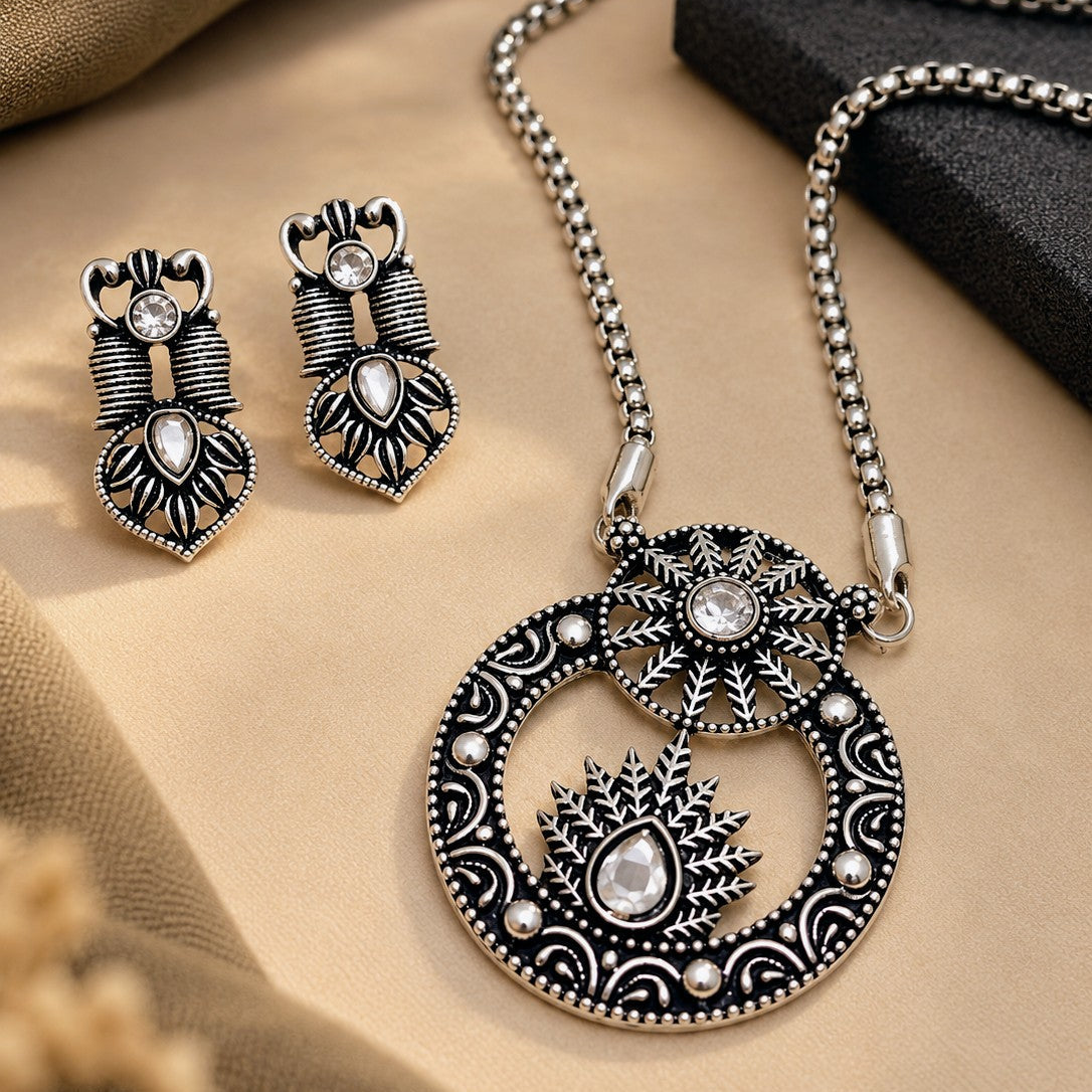 Oxidised Fern Leaf Circle Pendant Necklace