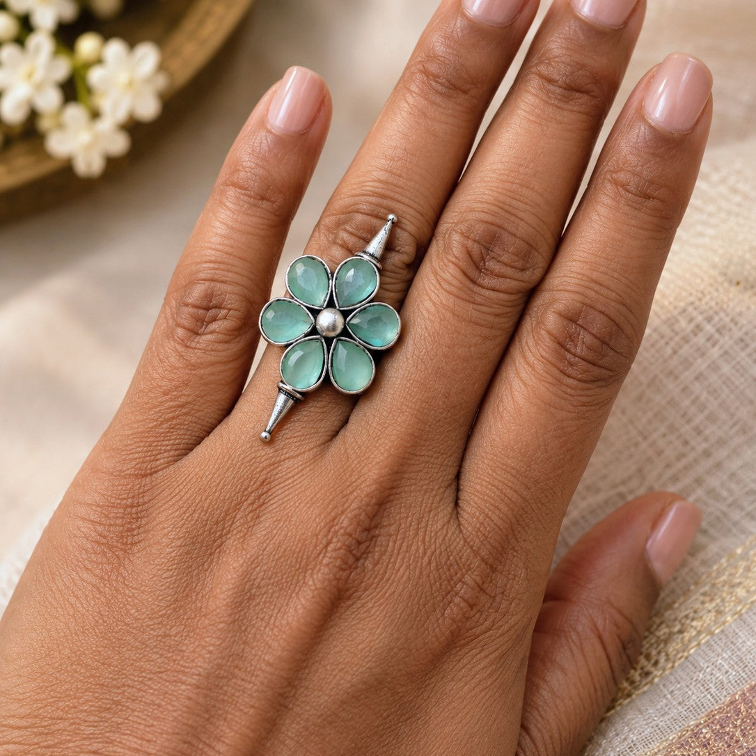 Oxidised Faceted Flower Ring