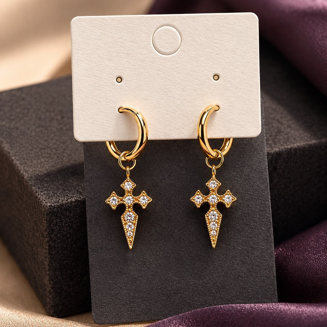 Gothic Dagger Cross Huggies Drop Earrings