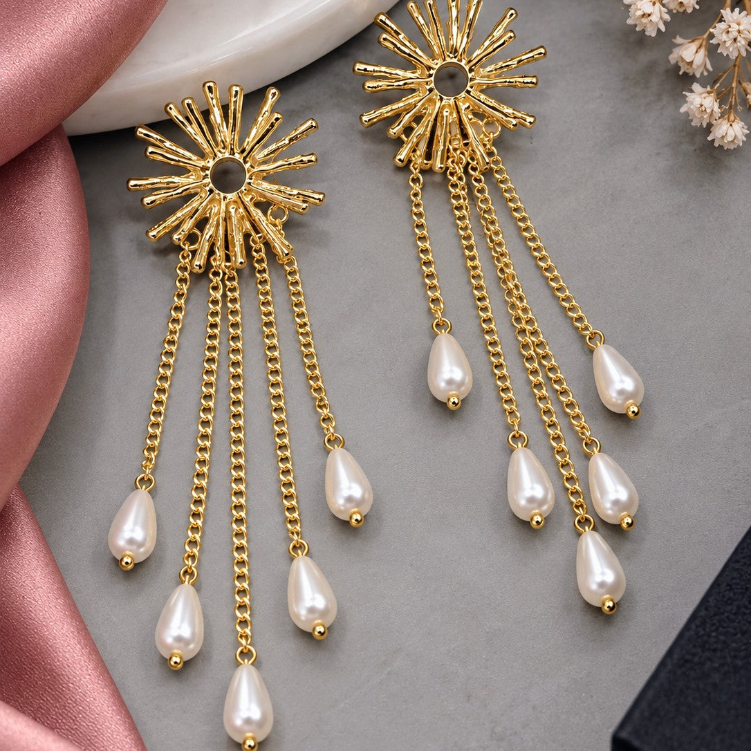 Sunburst Pearl Tassel Earrings