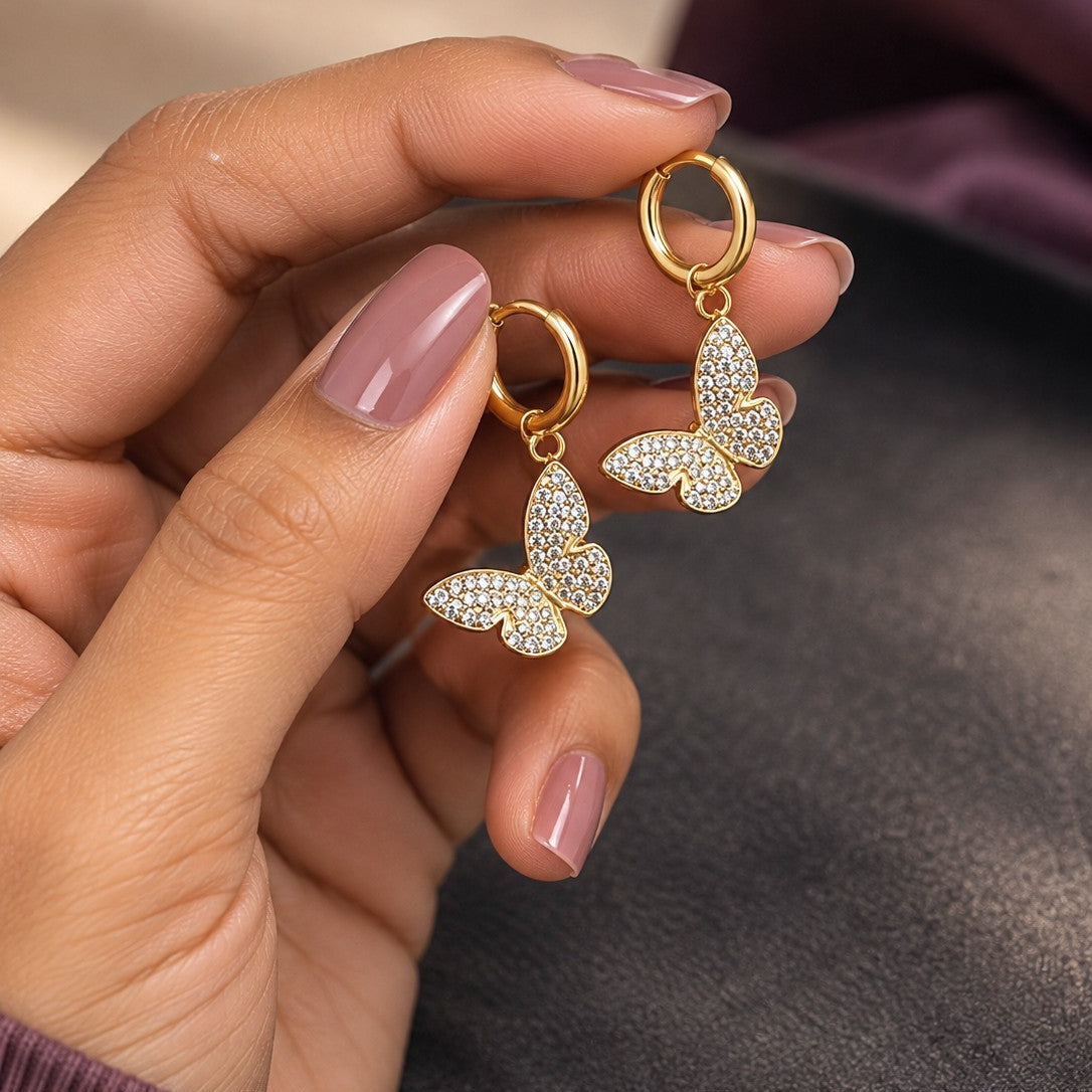 Pavé Butterfly Huggies Drop Earrings