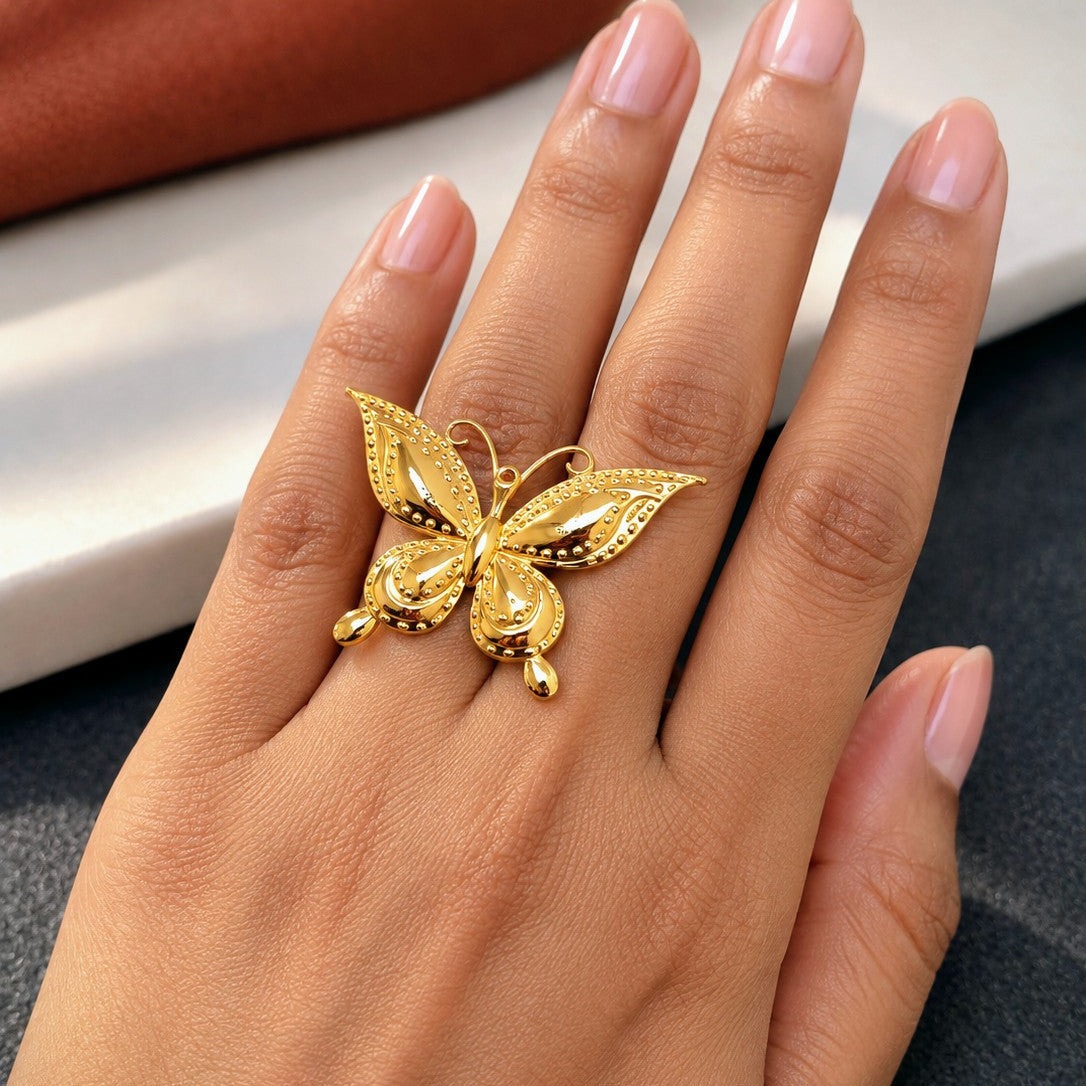 Beaded Edge Butterfly Cocktail Ring