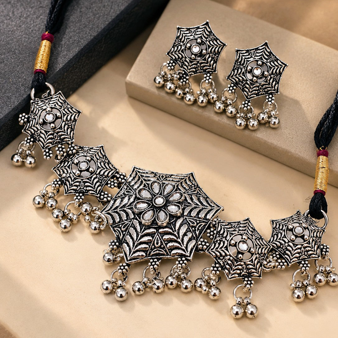 Oxidised Hexagon Ghungroo Choker Necklace