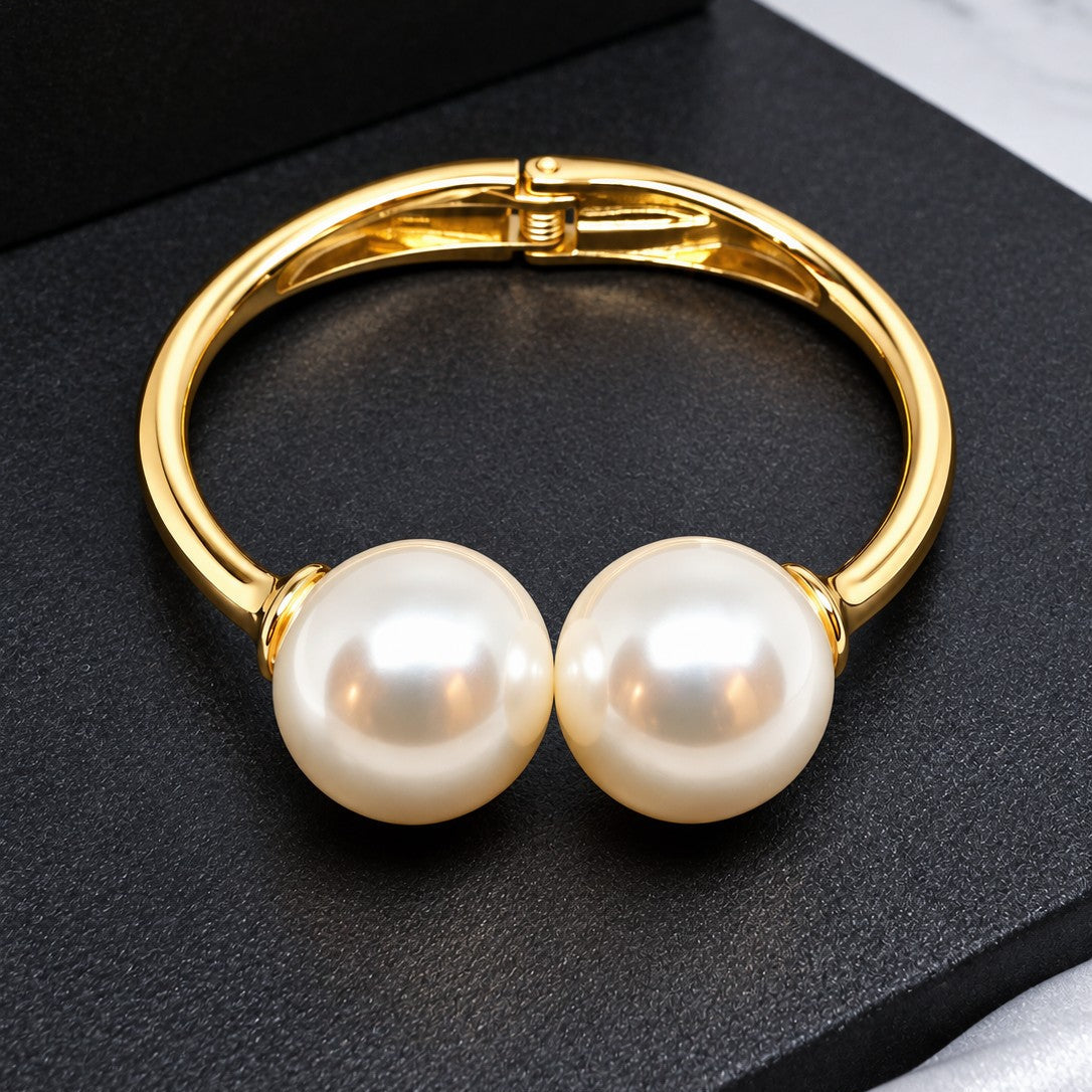 Double Pearl Open Cuff Bangle