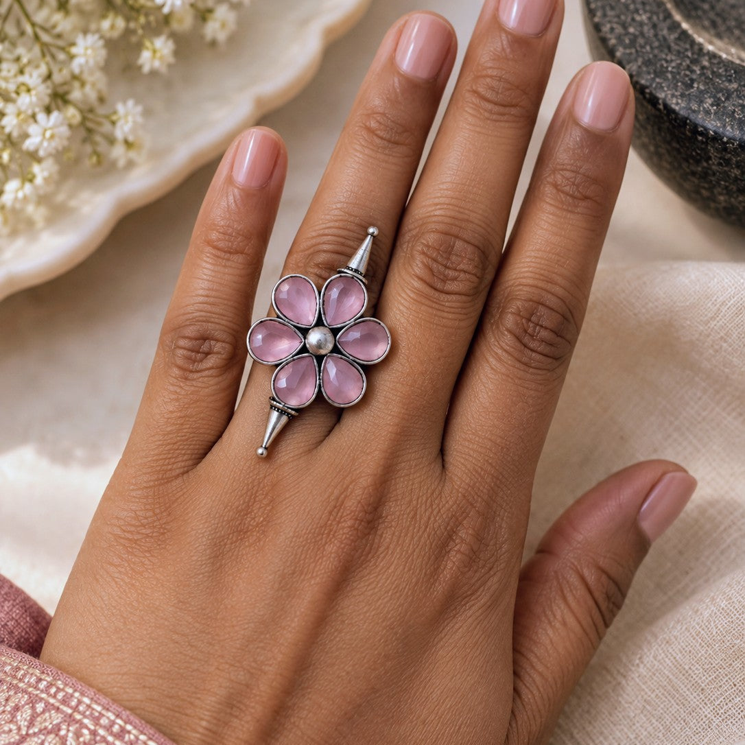 Oxidised Faceted Flower Ring