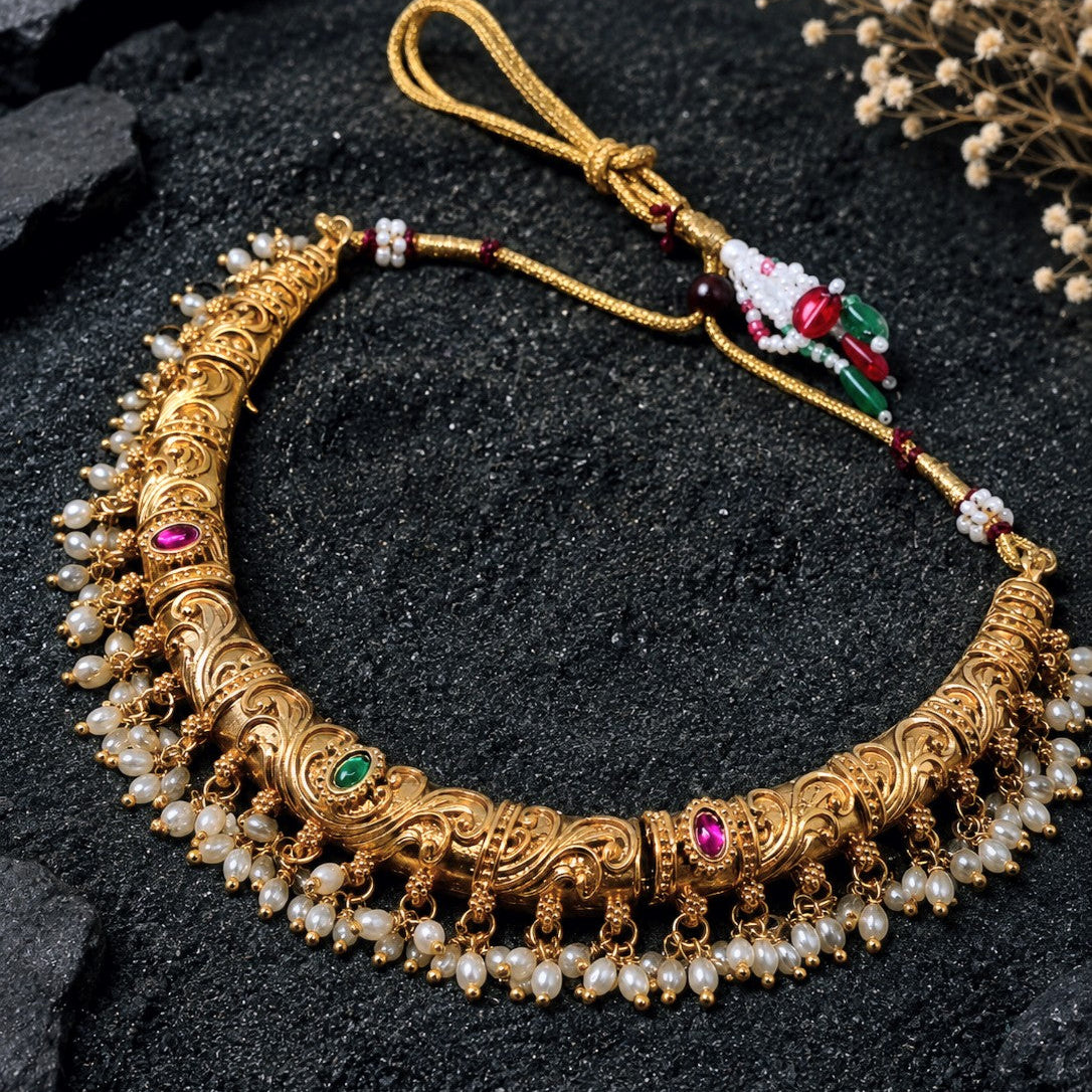 Scrollwork Pearl Fringe Necklace Set