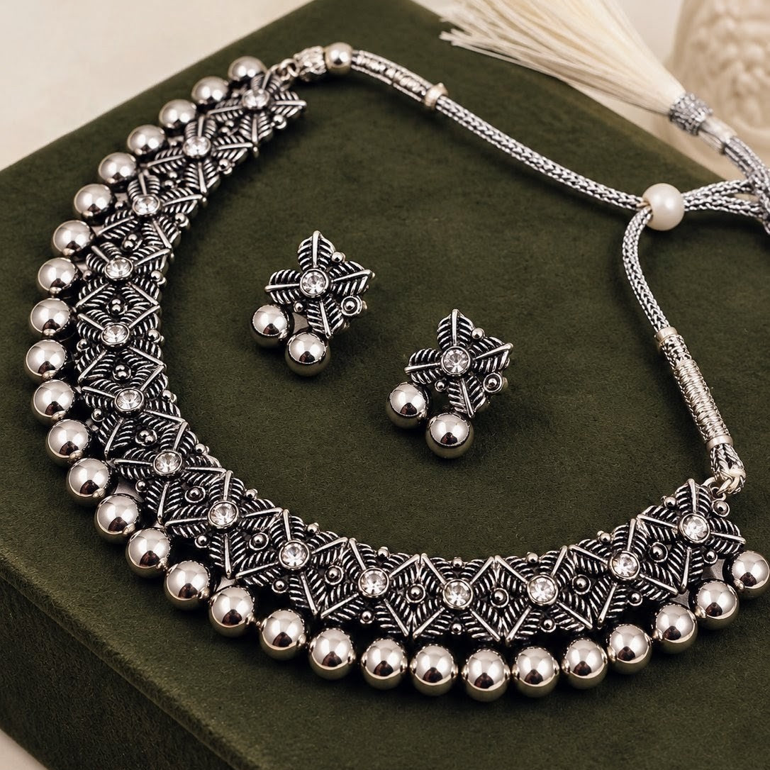 Oxidised Ball Fringe Stone Choker Necklace Set