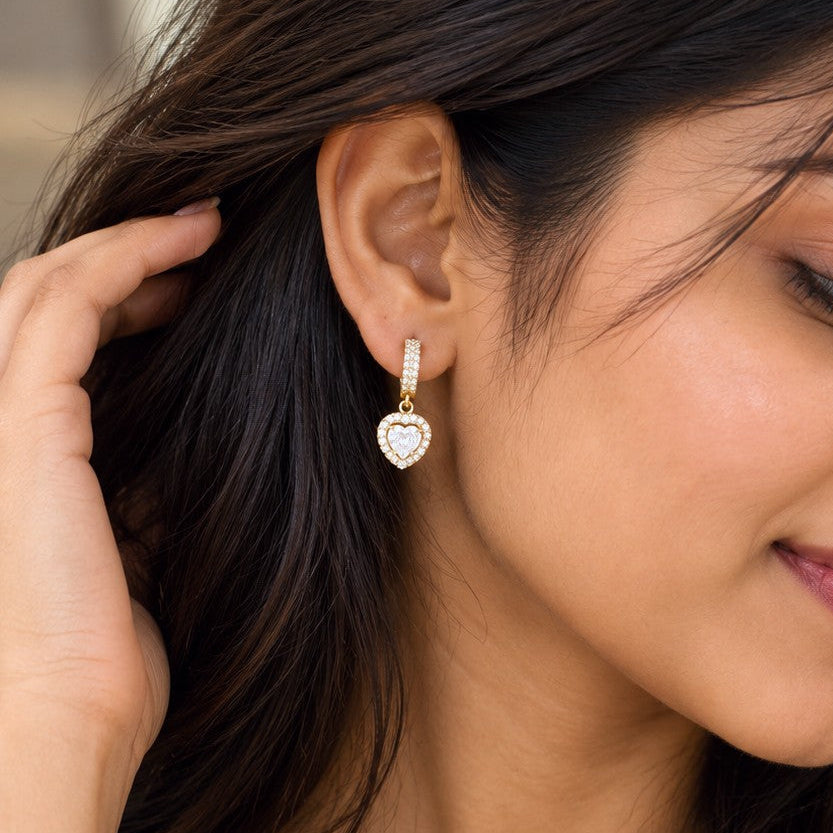 Heart Halo CZ Huggies Drop Earrings