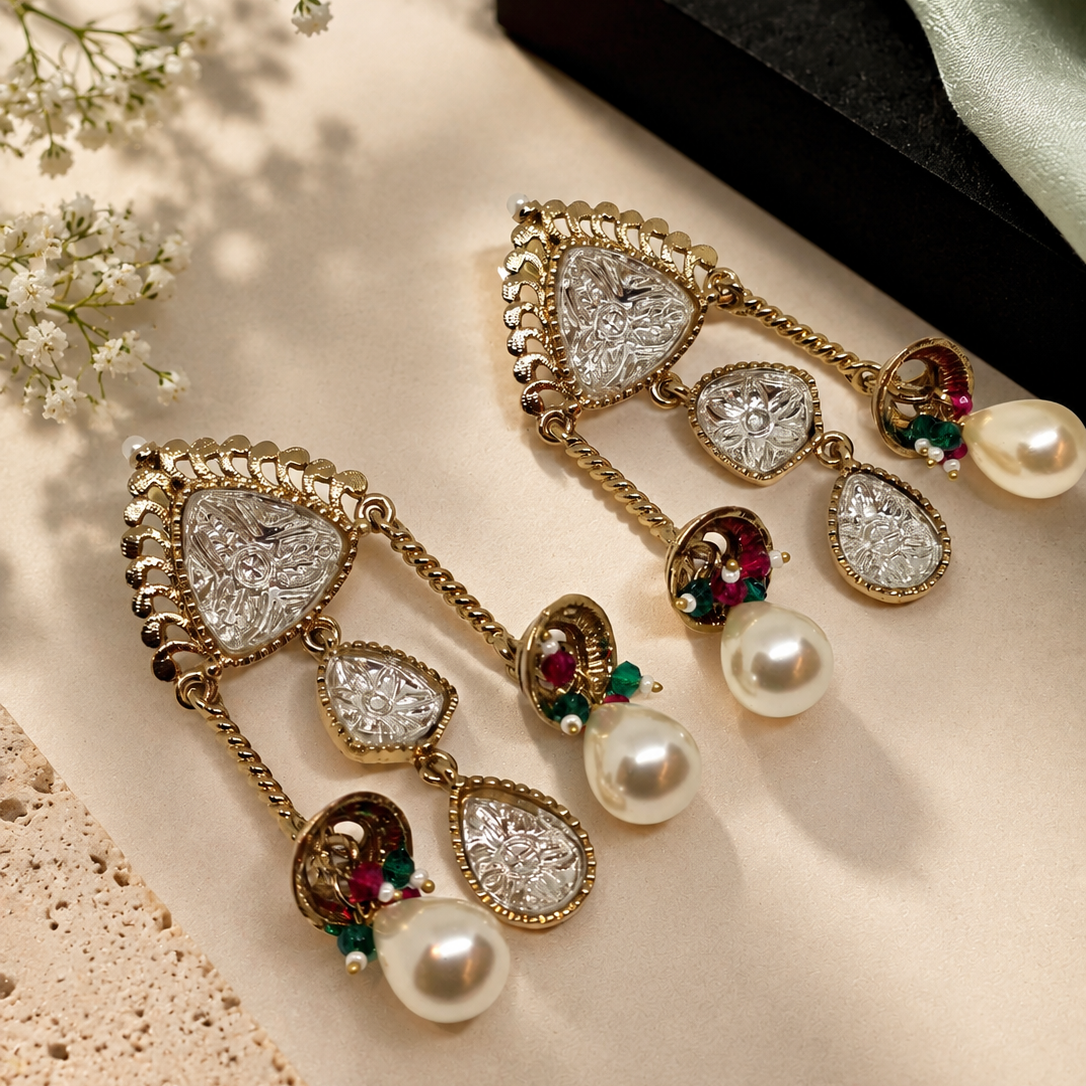 Temple Medallion Pearl Earrings
