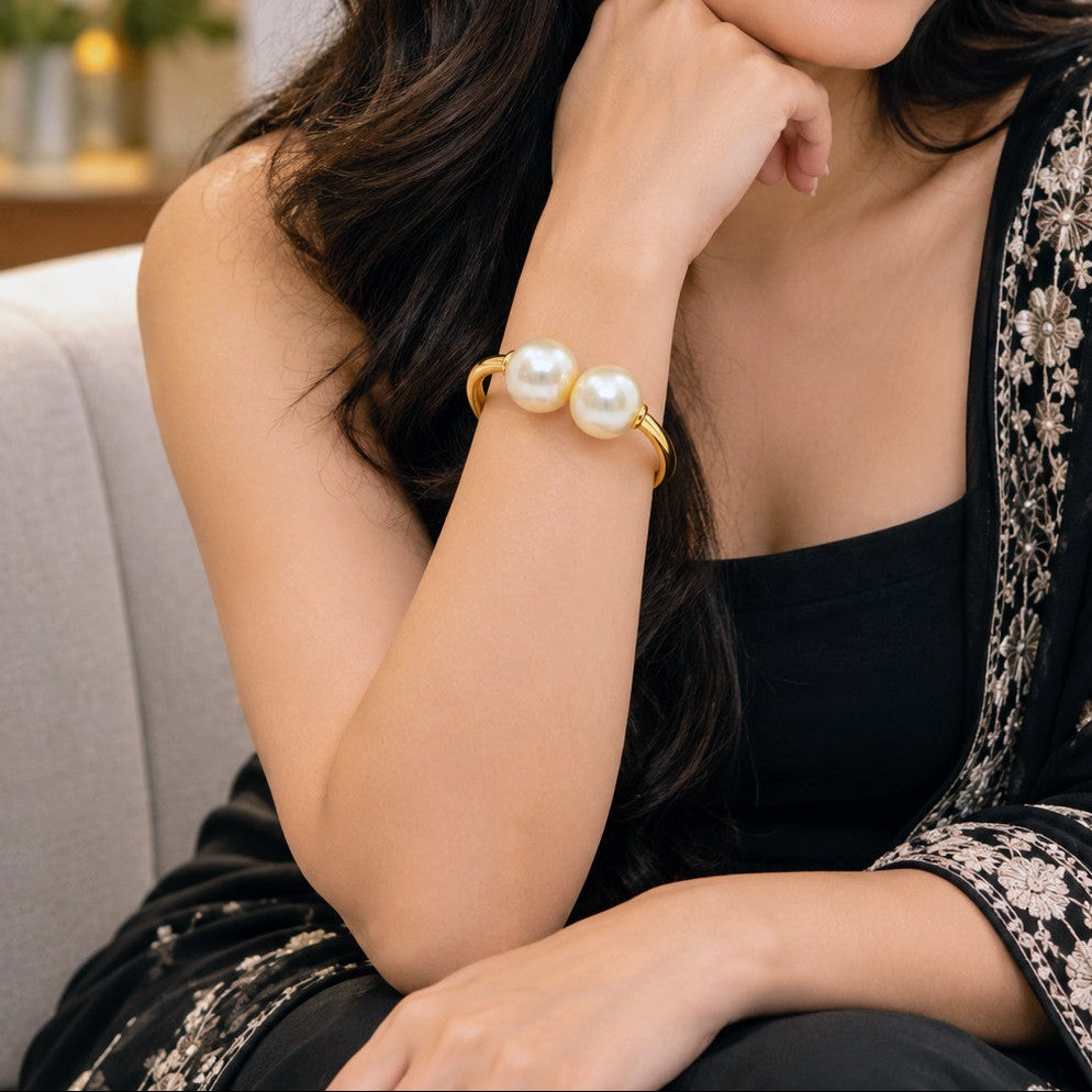 Double Pearl Open Cuff Bangle