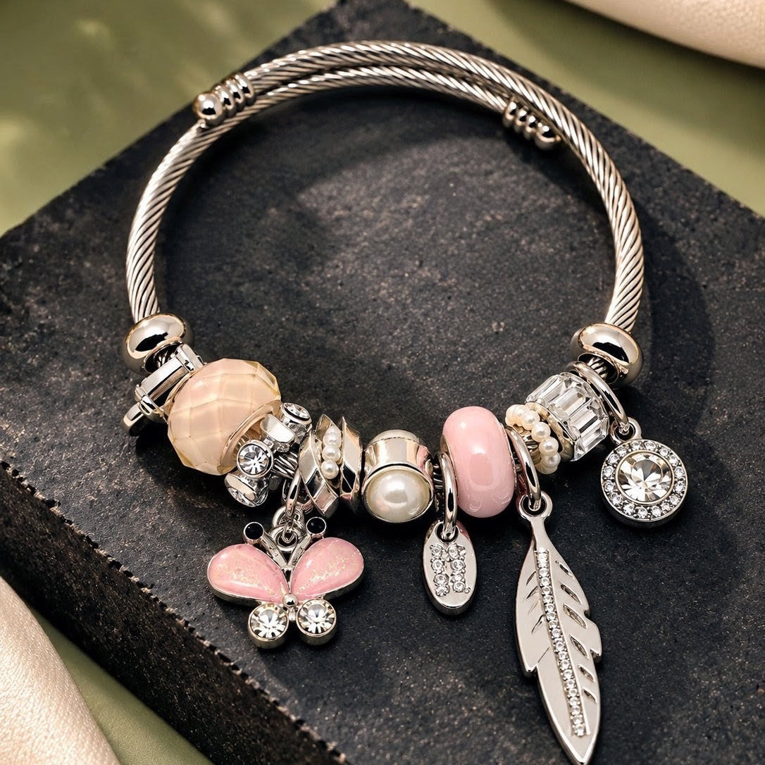 Blush Butterfly Feather Charm Bangle