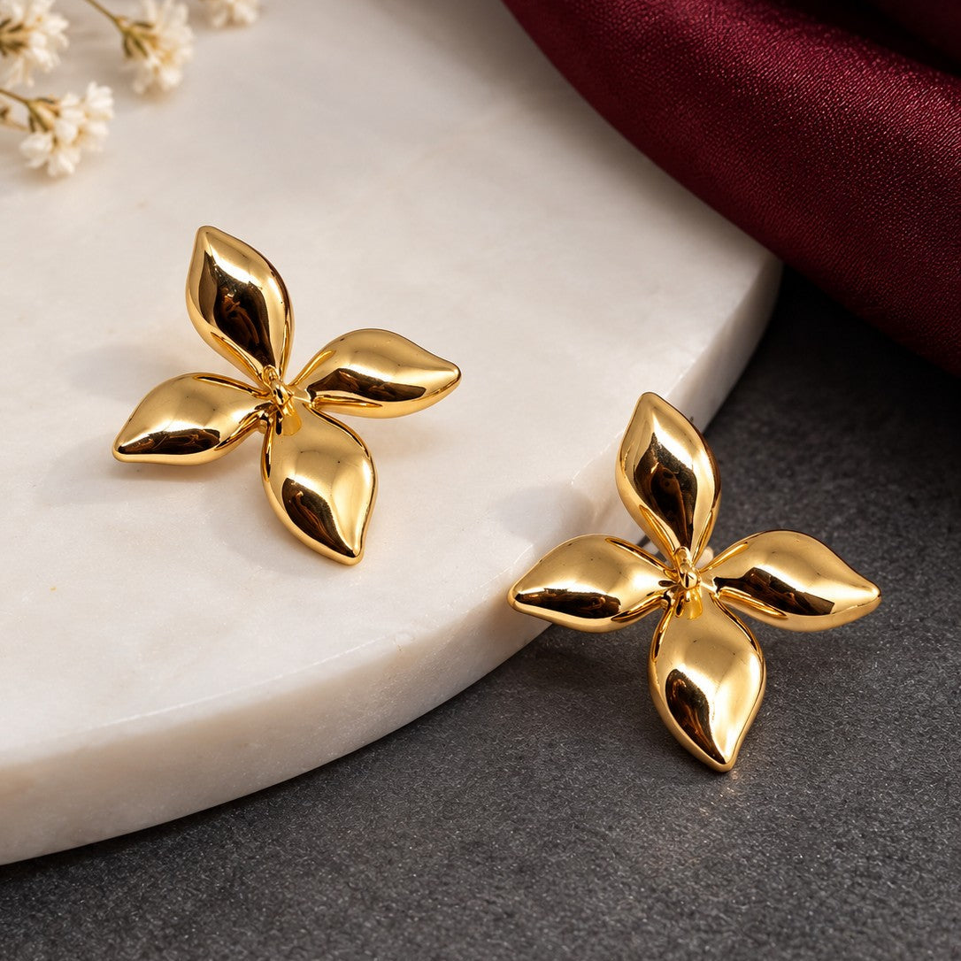 Puffed Four Petal Flower Earrings