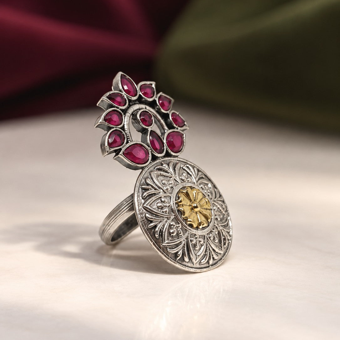 Oxidised Medallion Crown Ring