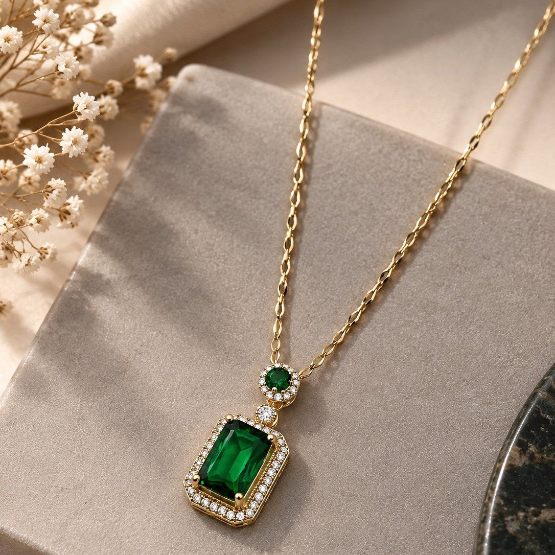 Emerald Cut Halo Pendant Necklace