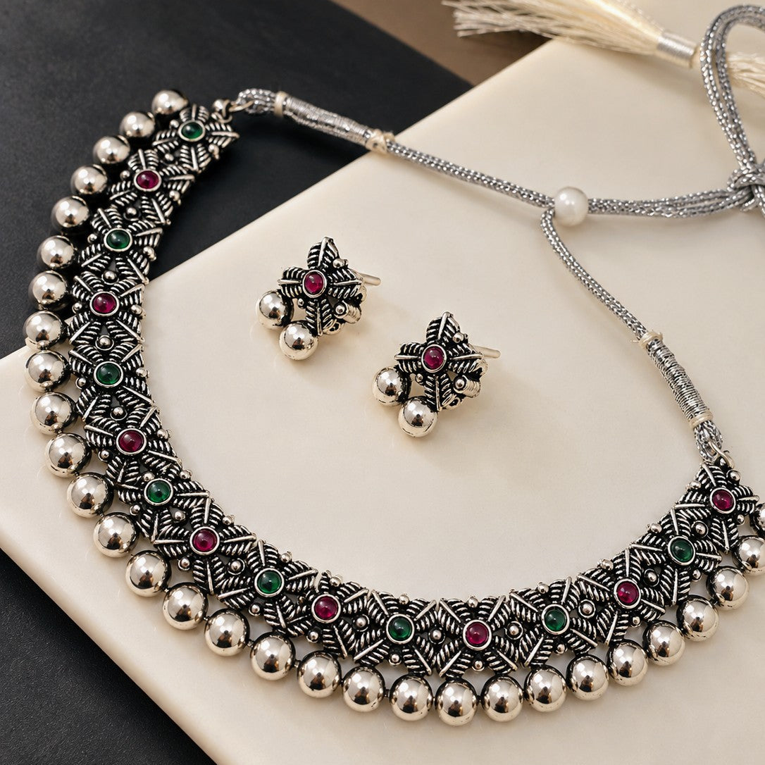 Oxidised Ball Fringe Stone Choker Necklace Set