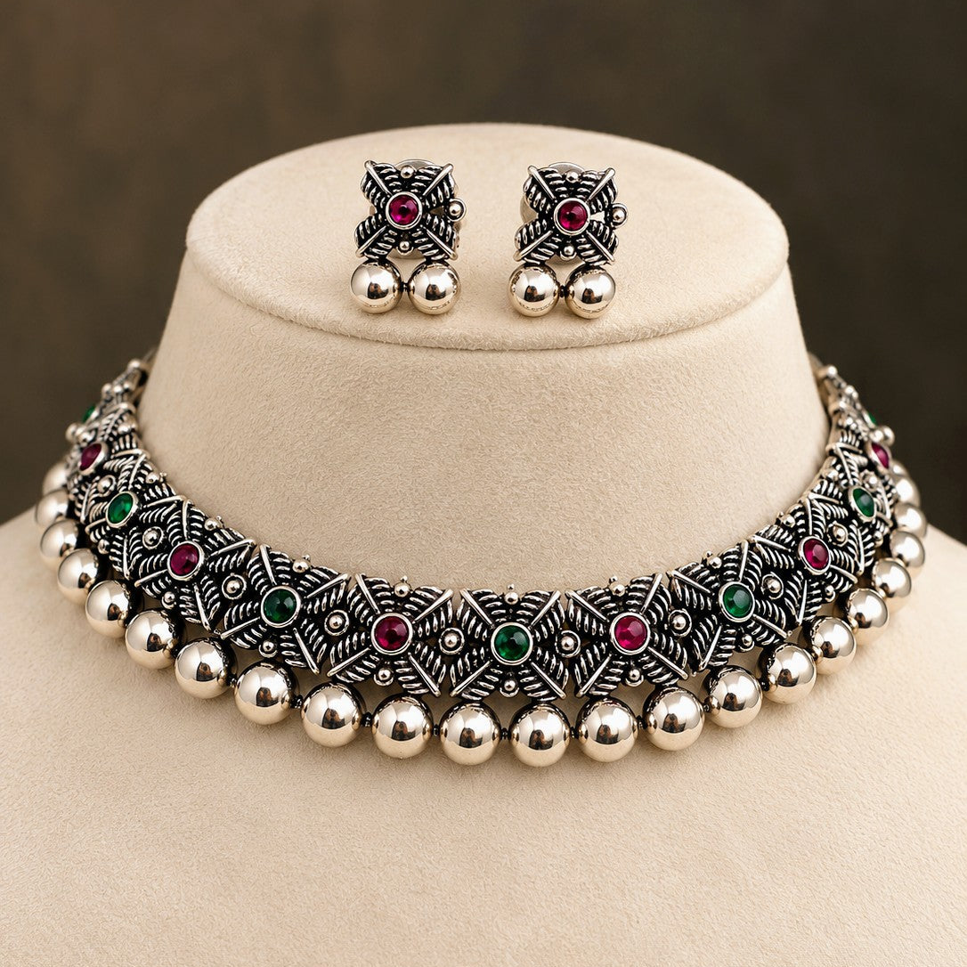Oxidised Ball Fringe Stone Choker Necklace Set