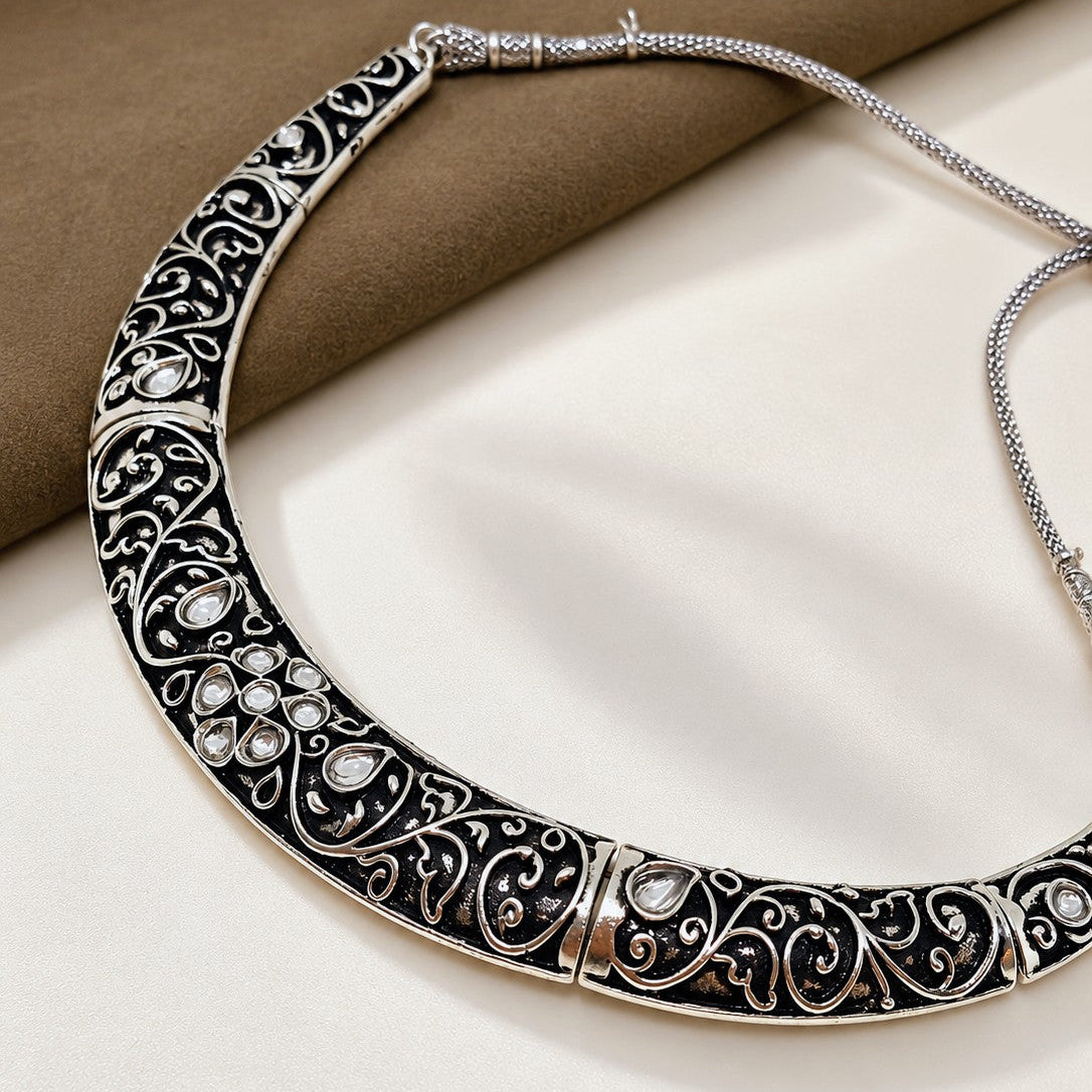 Oxidised Filigree Kundan Hasli Necklace Set