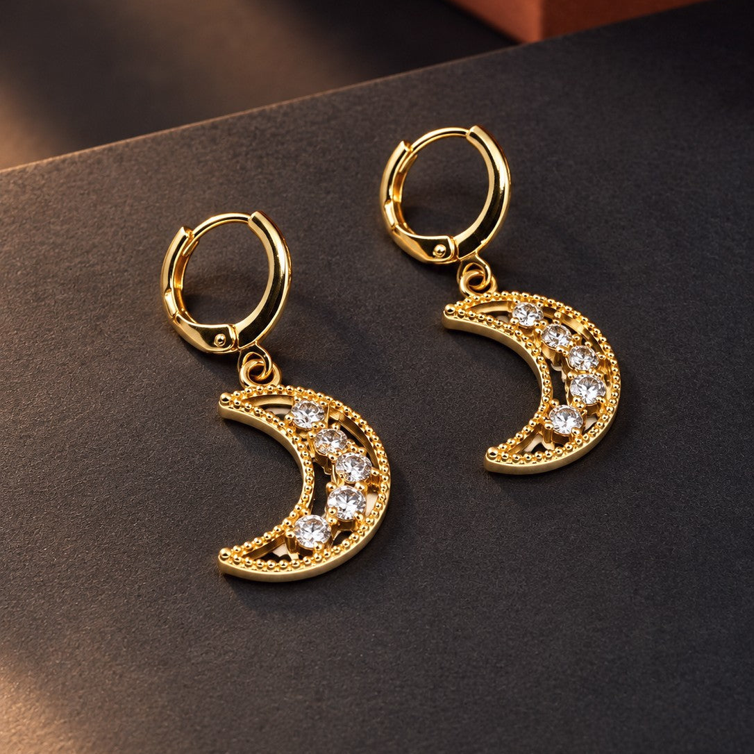 Crescent Moon CZ Huggies Drop Earrings