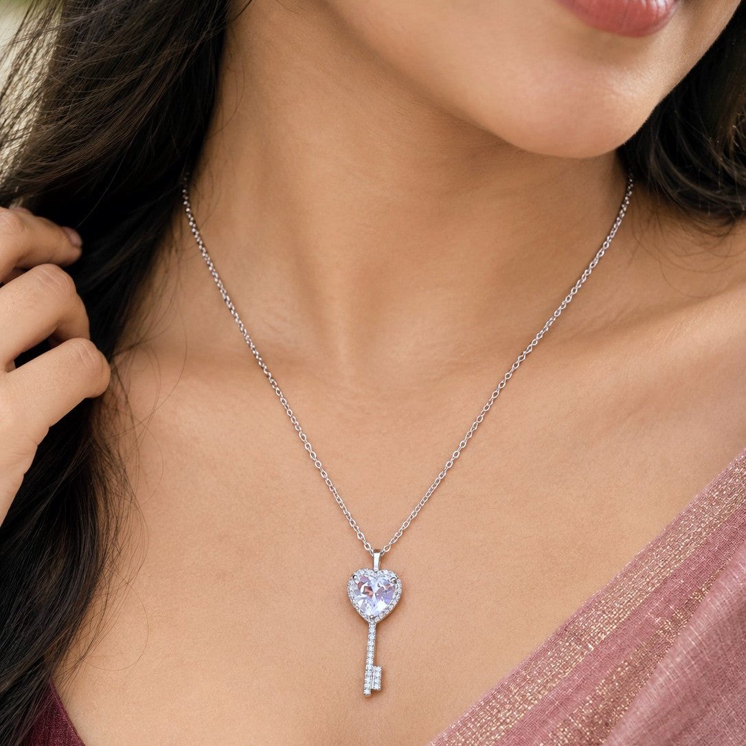 Silver Plated Heart Key Pendant Necklace